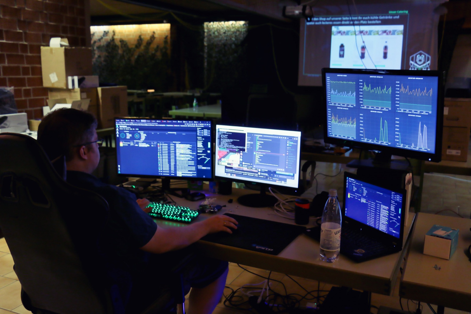 My organiser desk with monitoring dashboards during the LAN